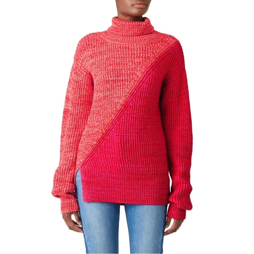 Derek Lam Crosby 100% Merino Wool Thick Red Pink Colorblock Turtleneck Size Lg